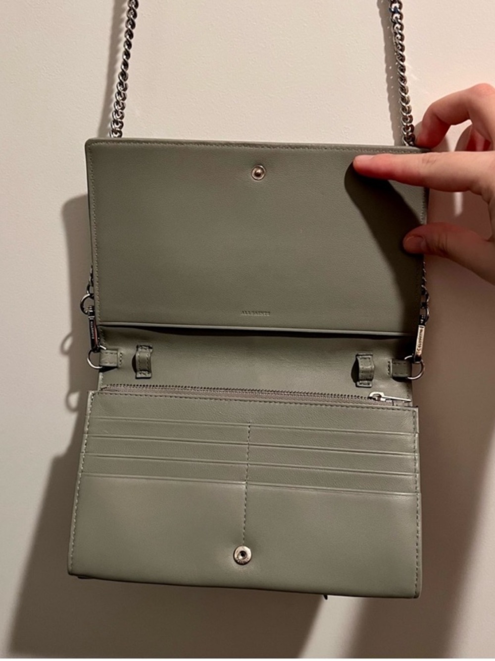 AllSaints Grey Leather Wallet on Chain Crossbody Bag Studded Minimal - Picture 2 of 6